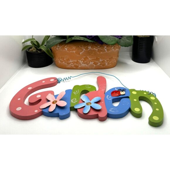 Colorful Wooden Garden Letter Hanging Sign With Flowers & Ladybug Art - Picture 2 of 6